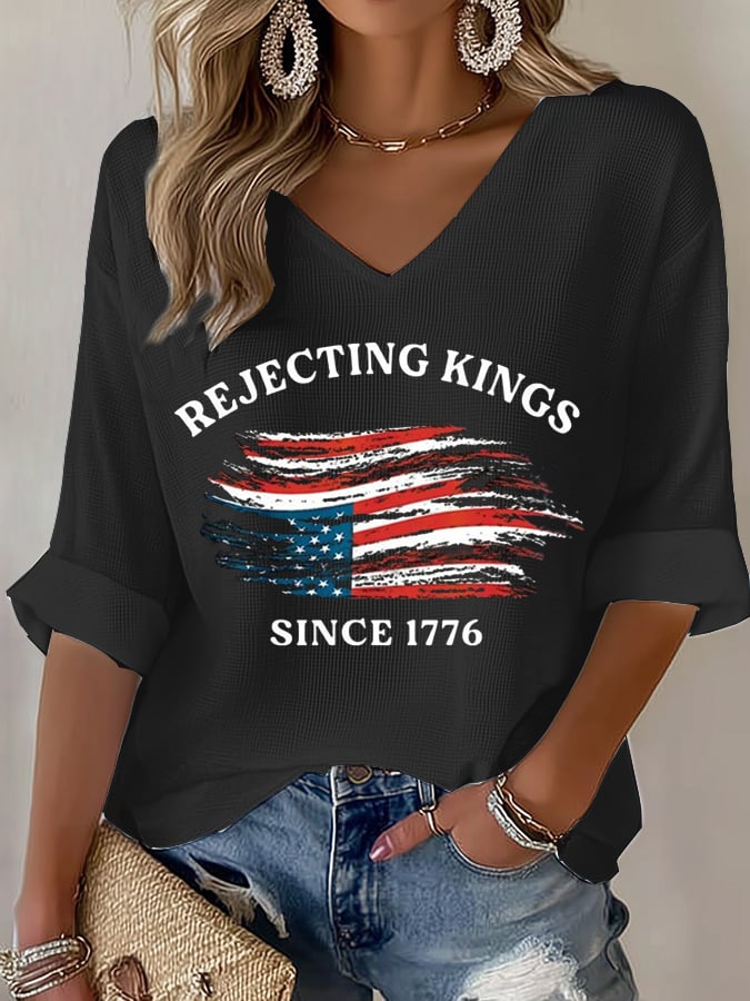 Women's No Kings In America Printed Casual Waffle T-Shirt