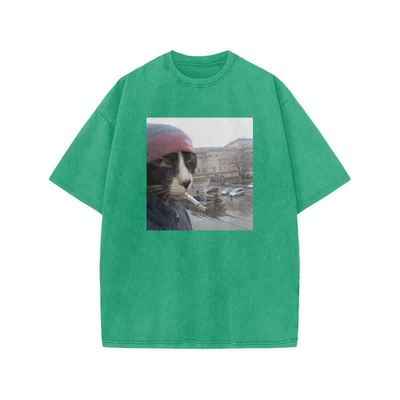 Unisex Smoking Street Style Cat Print Acid Washed T-shirt