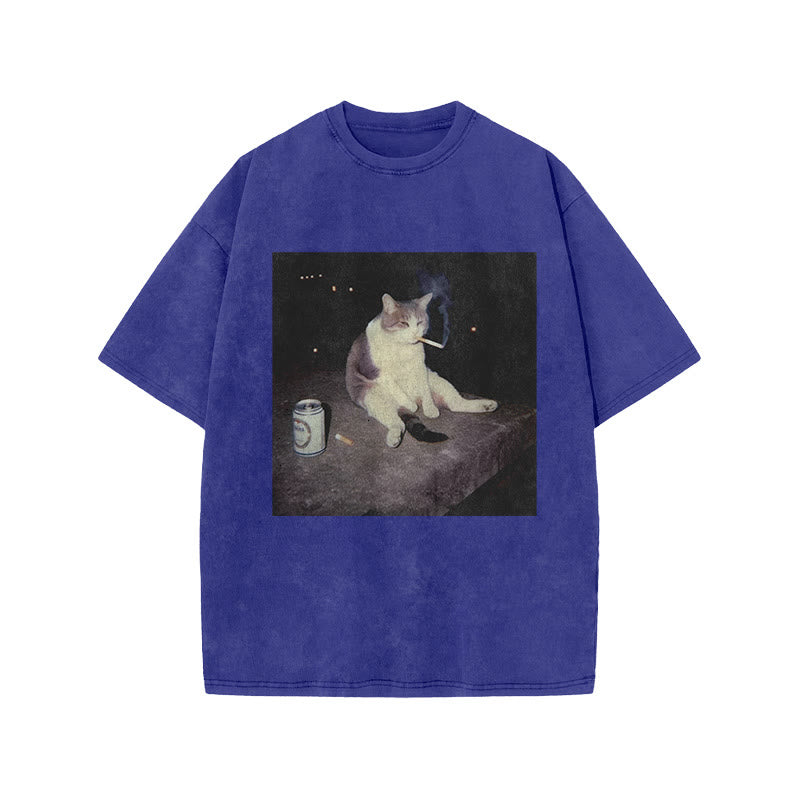 Unisex Smoking Decadent Cat Print Acid Washed T-shirt