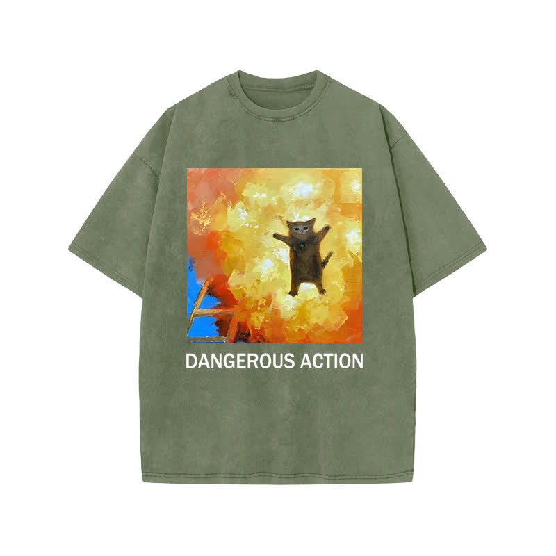 Unisex Dangerous Action Cat Art Print Acid Washed T-shirt