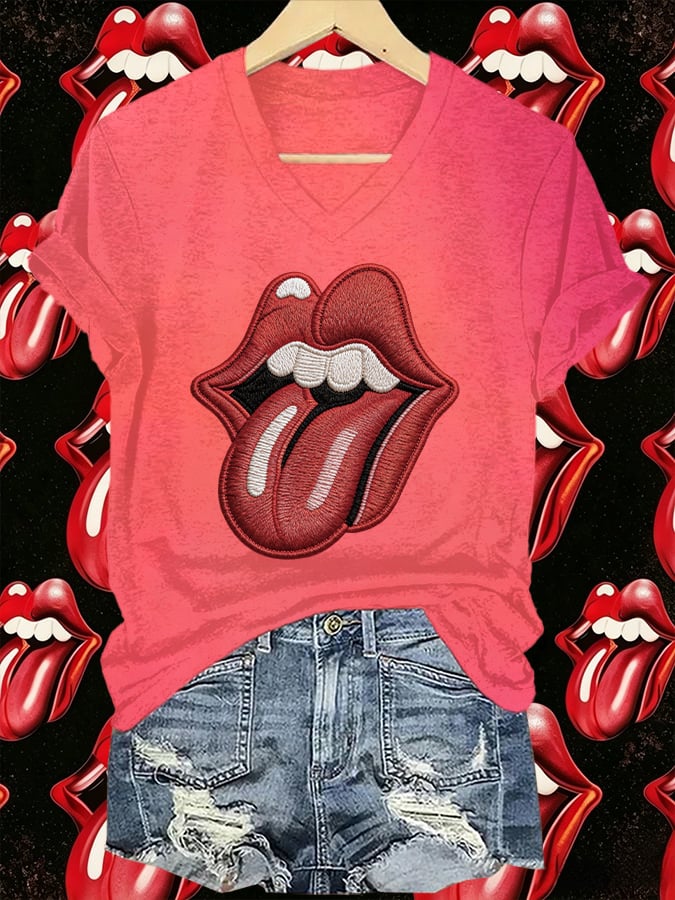 Women's V-Neck Retro Foreign Tongues Print T-shirt