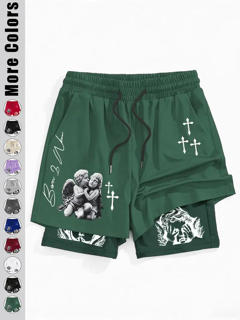 Unisex Angel Cross Print Double Layer Shorts