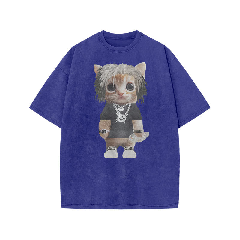 Unisex Street Style Cat Print Acid Washed T-shirt