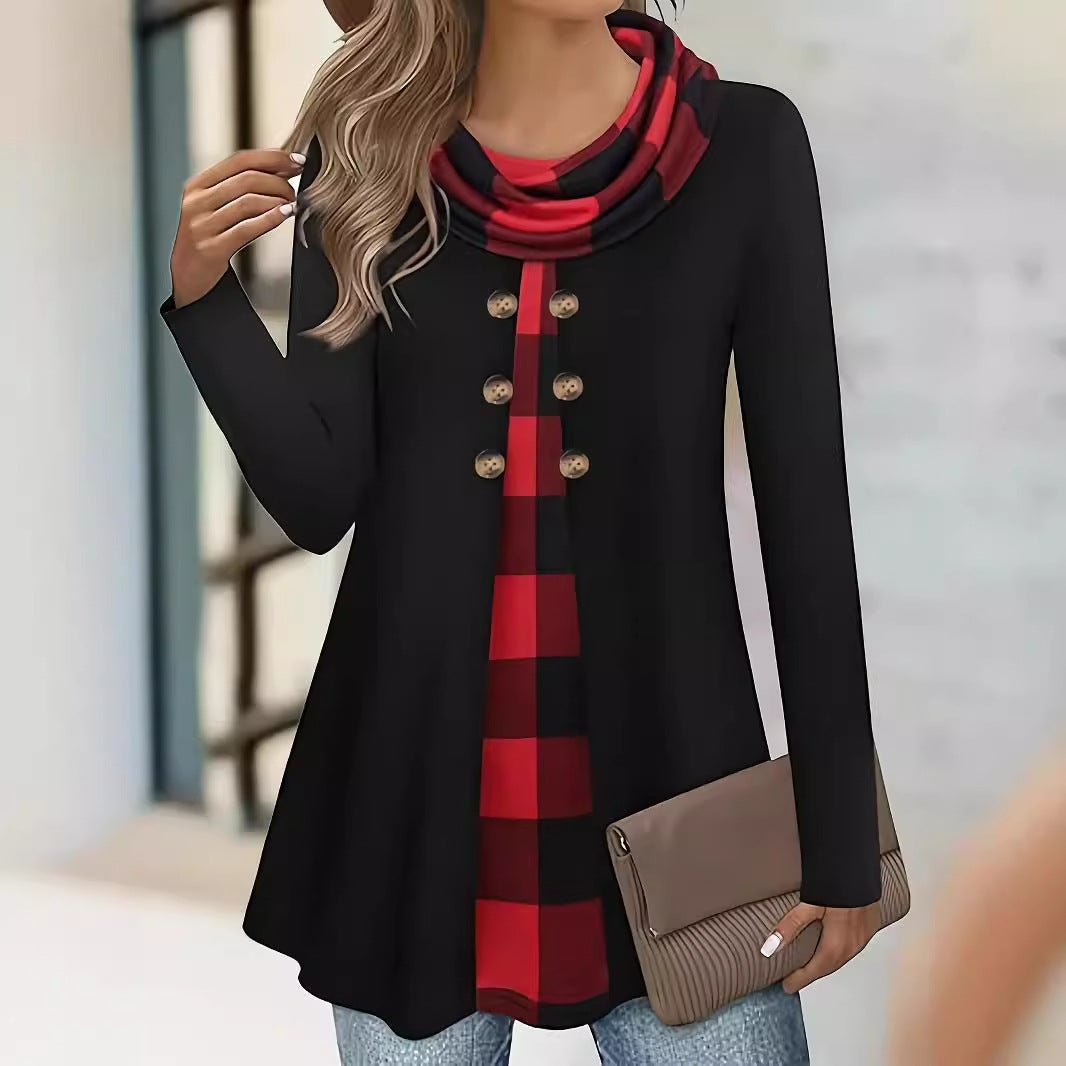 Faux two-piece design, buttoned, comfortable high-neck women's sweatshirt