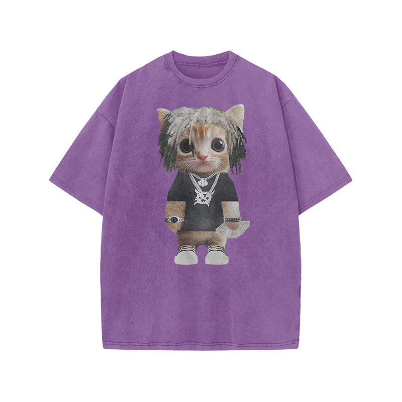 Unisex Street Style Cat Print Acid Washed T-shirt