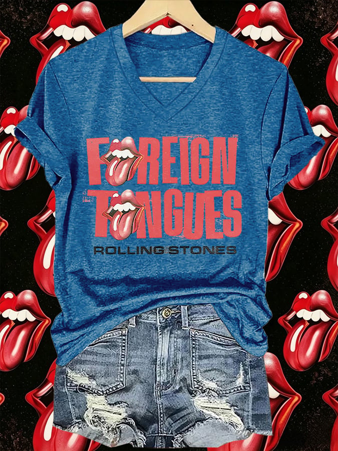 Women's V-Neck Retro Foreign Tongues Print T-shirt