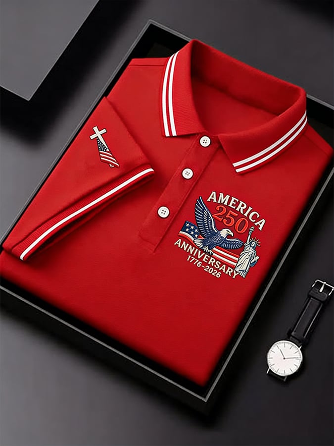 Men's Retro 250th Anniversary of the United States Print Independence Day Cross Print Polo Shirt