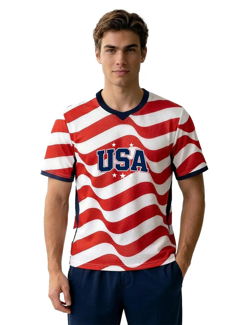 USA Patriotic Quick-Dry V-Neck Short-Sleeve Athletic Top