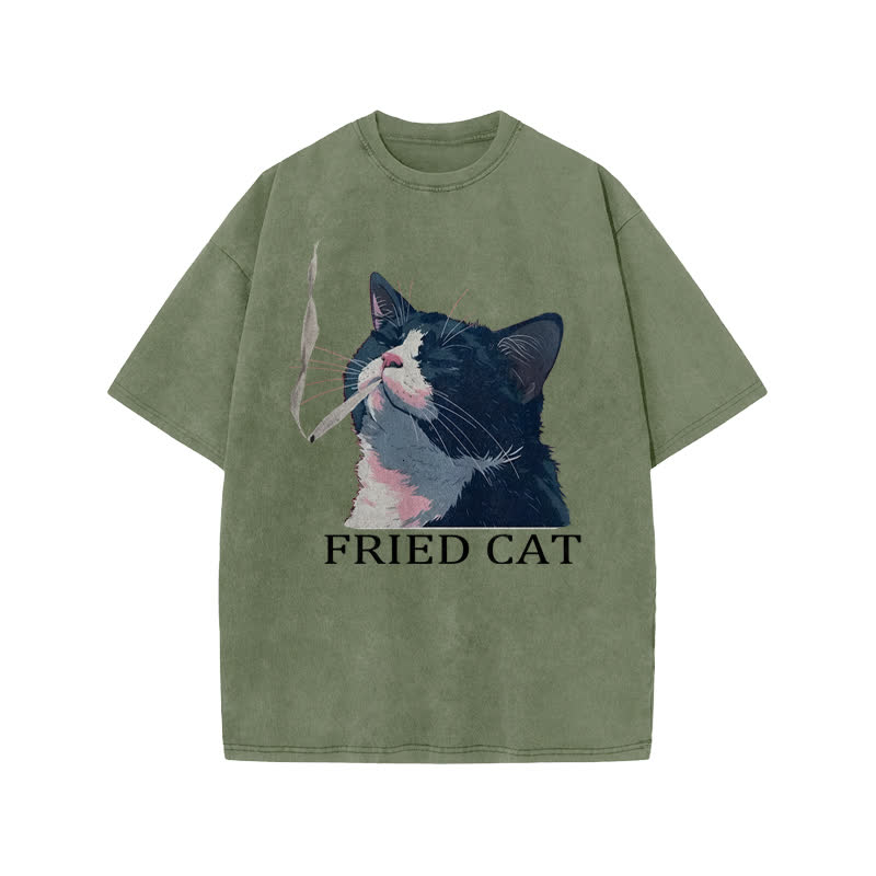 Unisex Fried Cat Print Acid Washed T-shirt