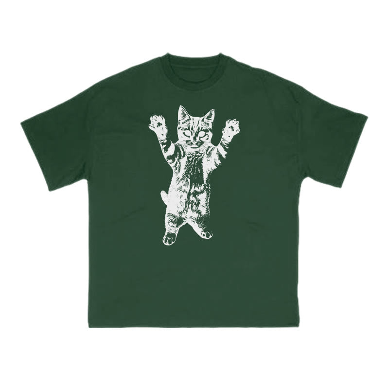 Funny Cat With Its Paws Up Print T-shirt