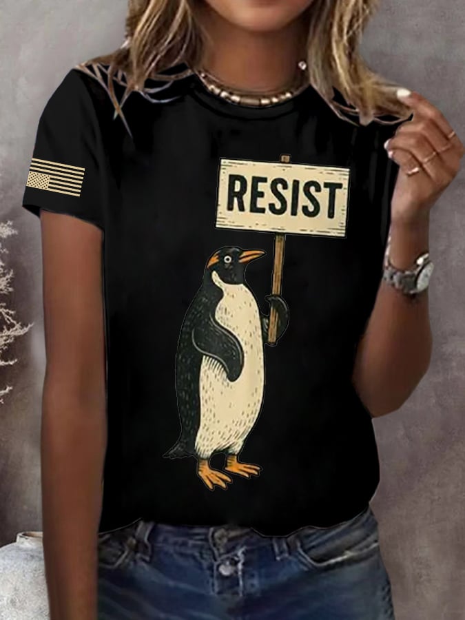 Retro Penguins Resist Tariffs Print T-Shirt