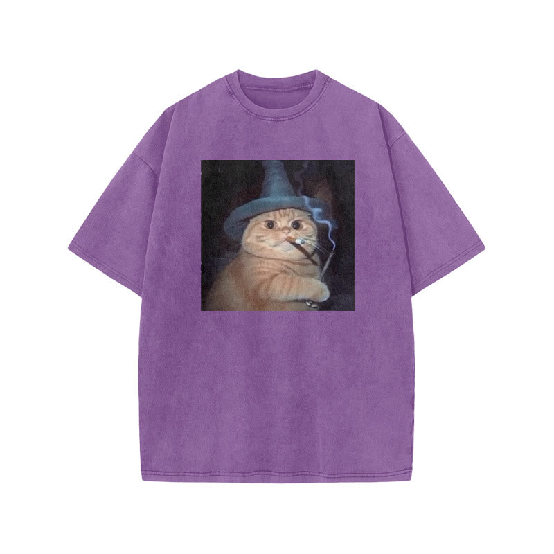 Unisex Smoking Wizard Cat Halloween Print Acid Washed T-shirt