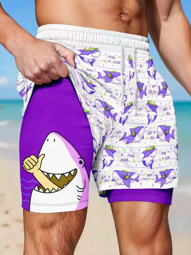Unisex Funny Cartoon Shark Music Note Print Quick Dry Stretch Short Pants