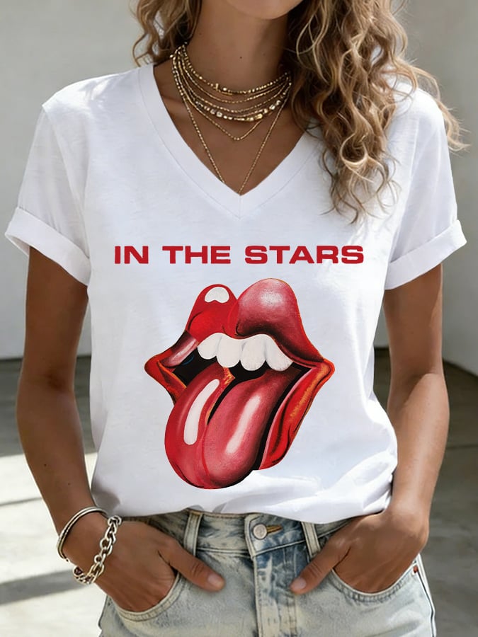 Women's V-Neck Retro In The Stars Print T-shirt