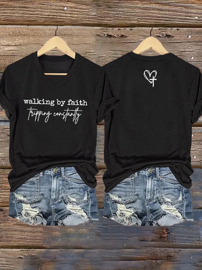 Women's Walking By Faith Tripping Constantly Print T-Shirt
