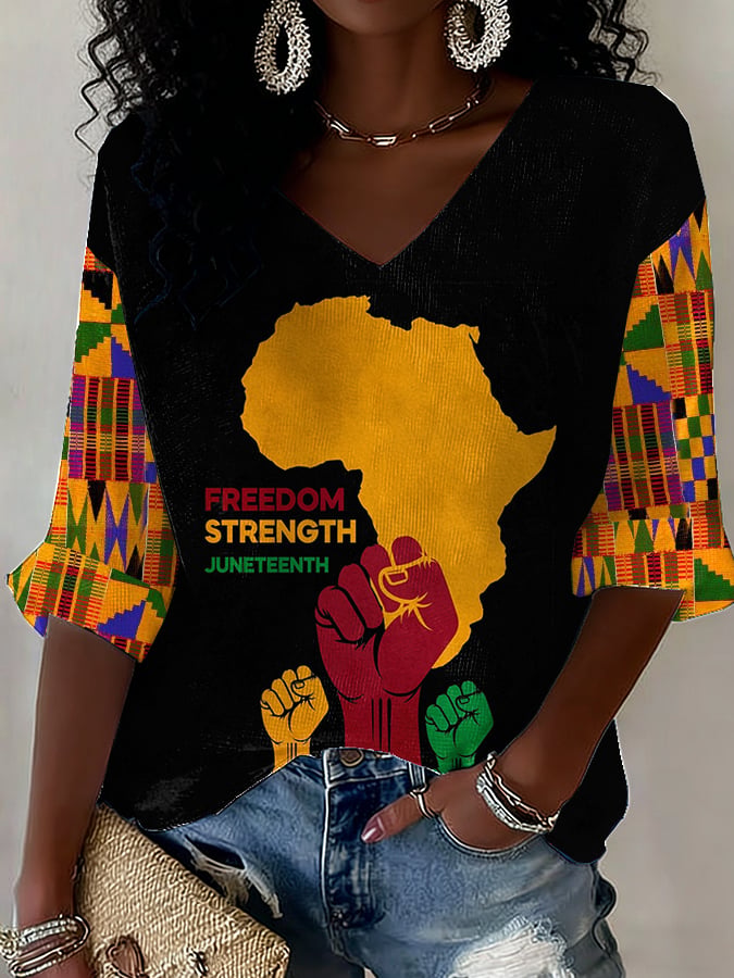 Women's Juneteenth Freedom Print V Neck Top