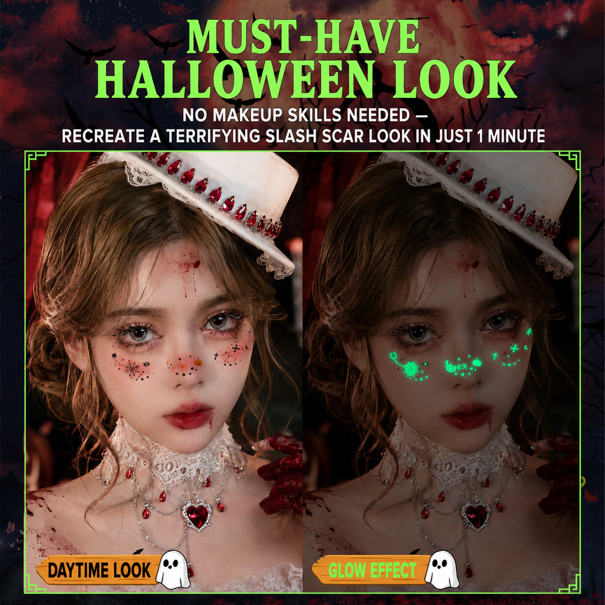 Halloween Glow-in-the-Dark Face Tattoos – Cosplay Makeup Stickers (Wounds, Scratches, and Scars)