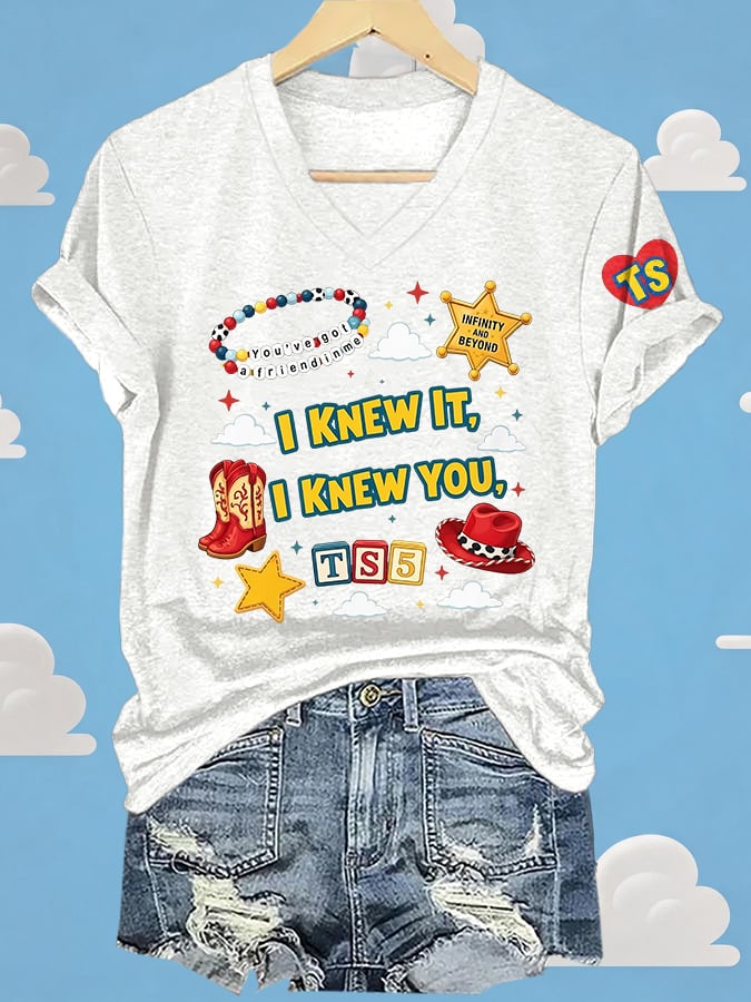 V-Neck Retro I Knew It Print T-Shirt