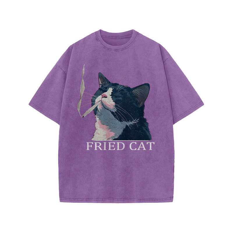 Unisex Fried Cat Print Acid Washed T-shirt