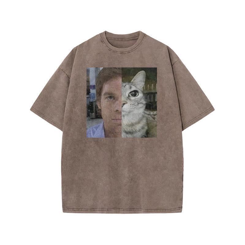 Unisex Patchwork Cat Print Acid Washed T-shirt