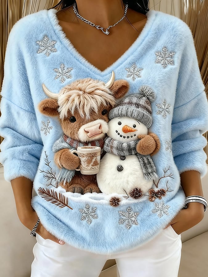 Women's Animal Highland Cow Yeti Art Print V-Neck Top