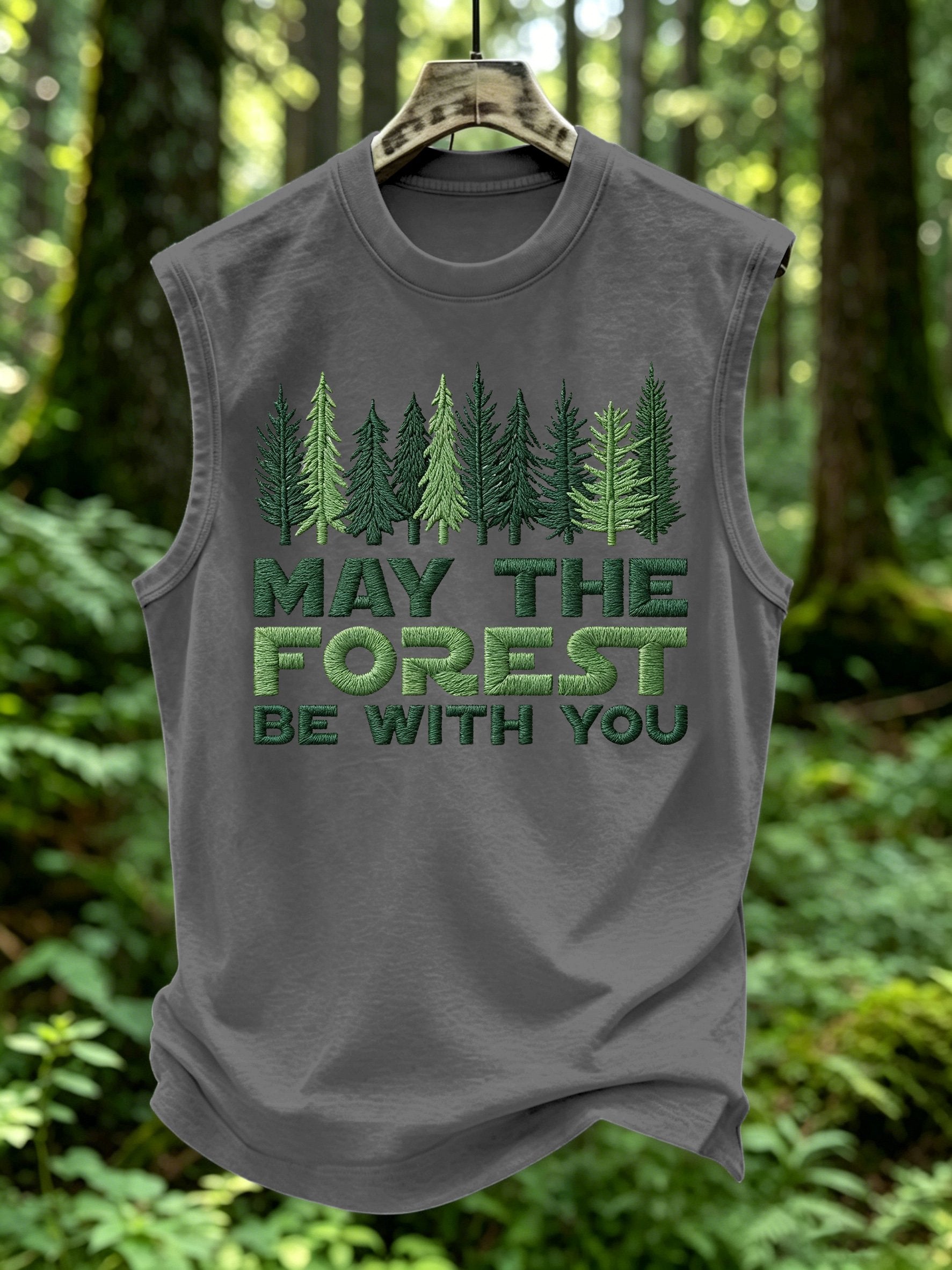Men's Retro May The Forest Be With You Print Round Neck Vest