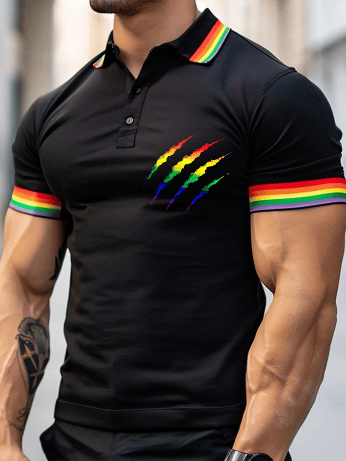 Men's Rainbow Stripe Bear Paw Print Polo Shirt