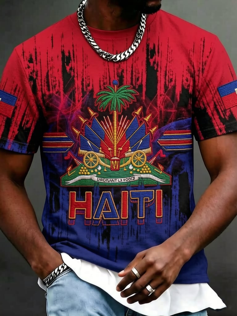 Men's Haiti Football Crew Neck Short-Sleeve Printed T-Shirt