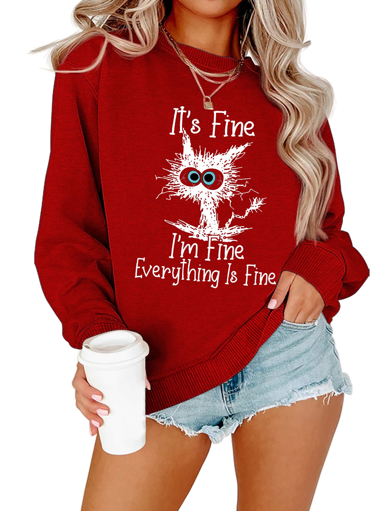 Casual round neck cute cat print sweatshirt, unique sportswear