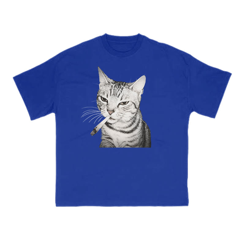 Tabby Cat With A Cigarette In Its Mouth Print T-shirt
