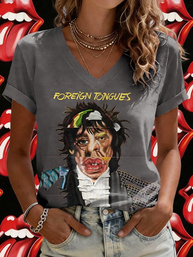 Women's V-Neck Retro Foreign Tongues Print T-shirt