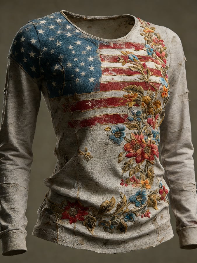 Women's casual long-sleeved T-shirt with 250th anniversary national flag and floral print.