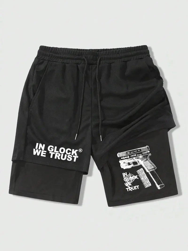 Unisex 2 in 1 Fit Hand & Gun Print Drawstring Beach Shorts