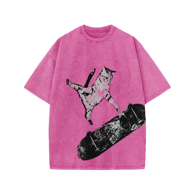 Unisex Street Skate Cat Print Acid Washed T-shirt