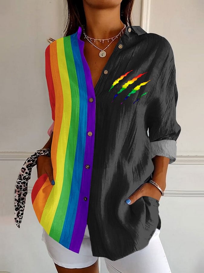 Women's Gay Month Rainbow Print Casual Lapel Shirt
