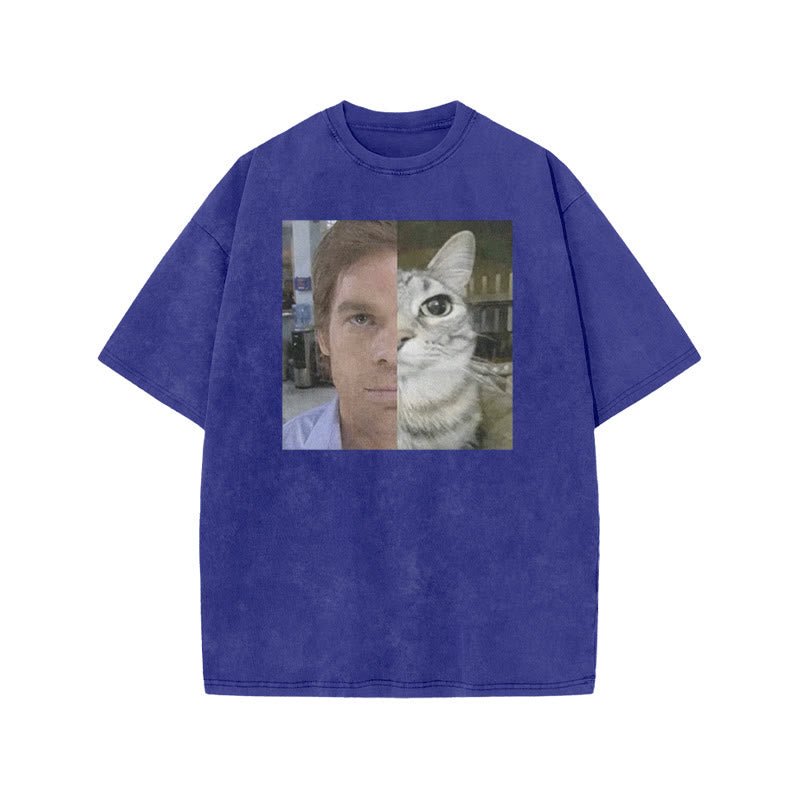 Unisex Patchwork Cat Print Acid Washed T-shirt