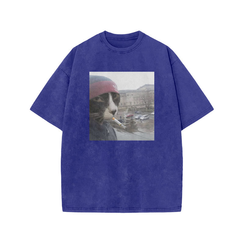 Unisex Smoking Street Style Cat Print Acid Washed T-shirt
