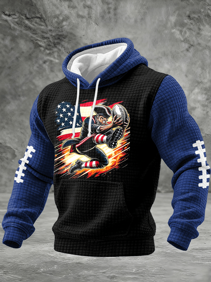Men's Football Print Checkered Fabric Hooded Sweatshirt