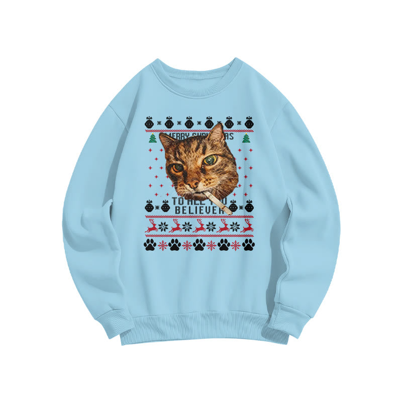 A Domineering Smoking Cat Christmas Print Sweatshirt