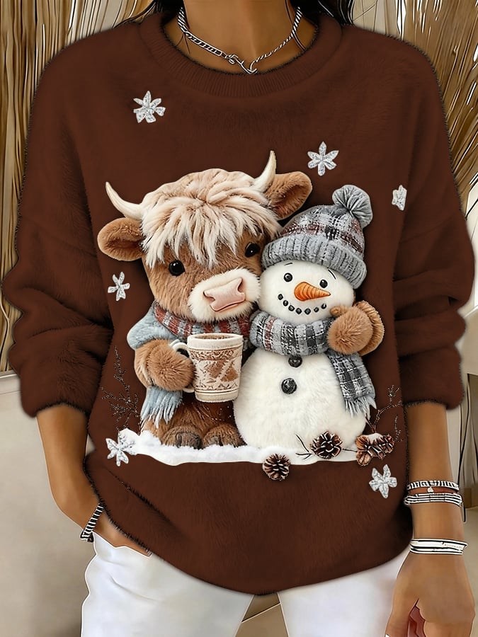 Women's Animal Highland Cow Yeti Art Print Crew Neck Top