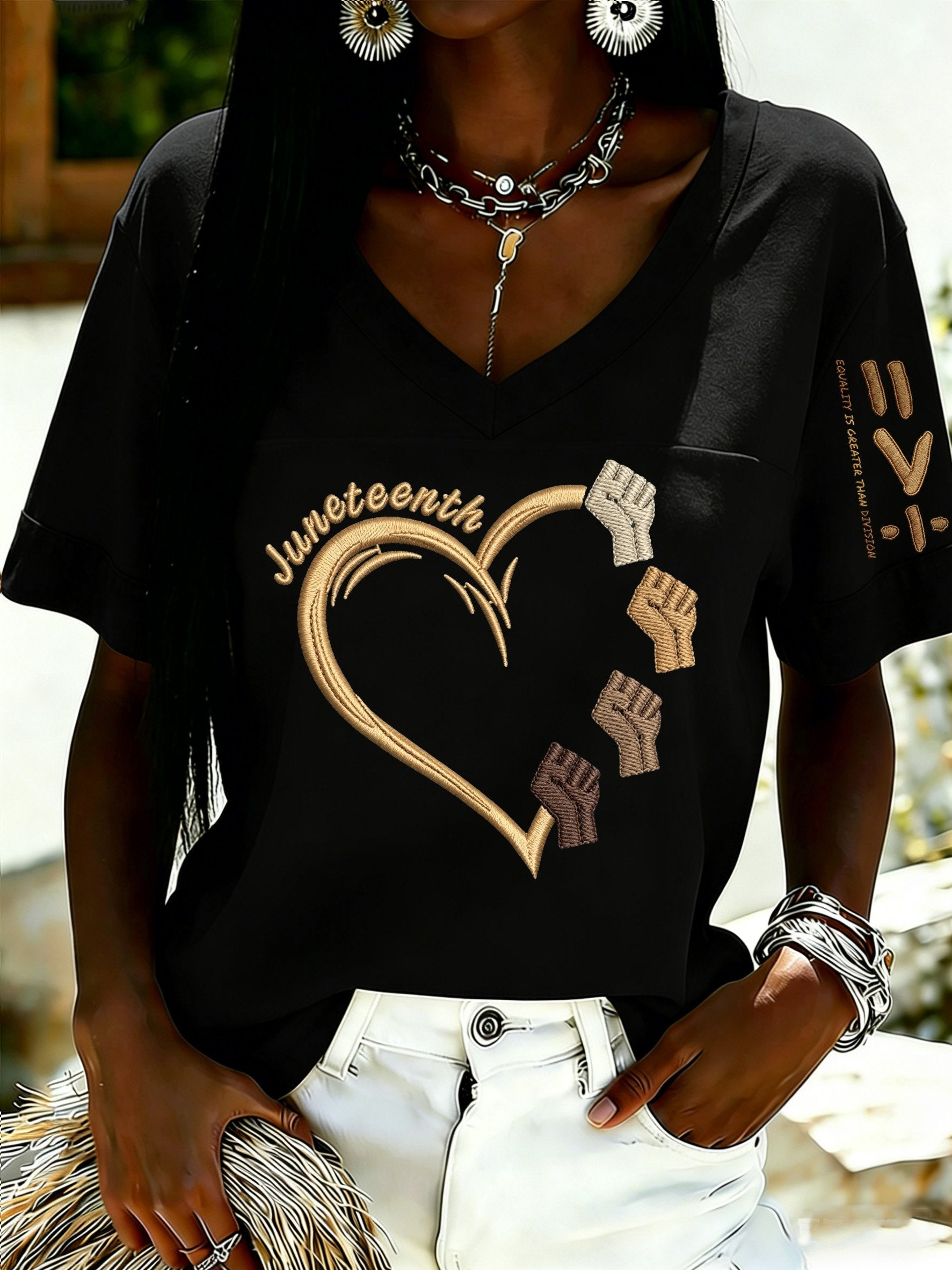 African American Women's Juneteenth Print V-Neck Top