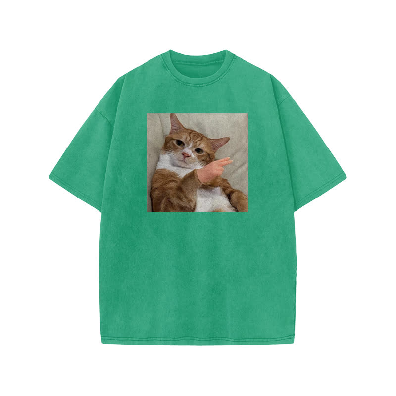 Unisex "Scissor Hand Gesture" Fun Cat Pattern Print Acid Washed T-shirt