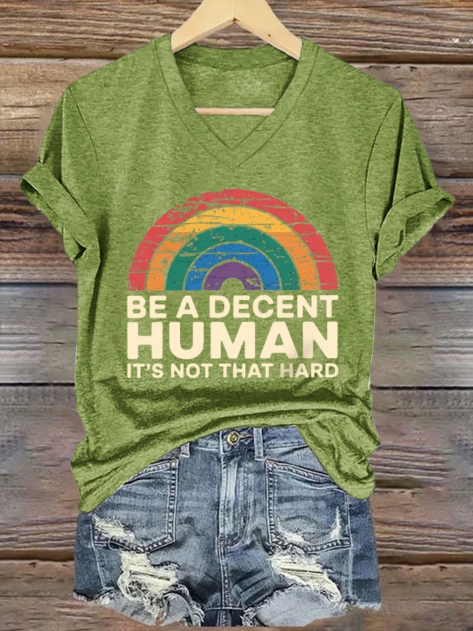 V-Neck Retro Be A Decent Human It's Not That Hard Print T-Shirt
