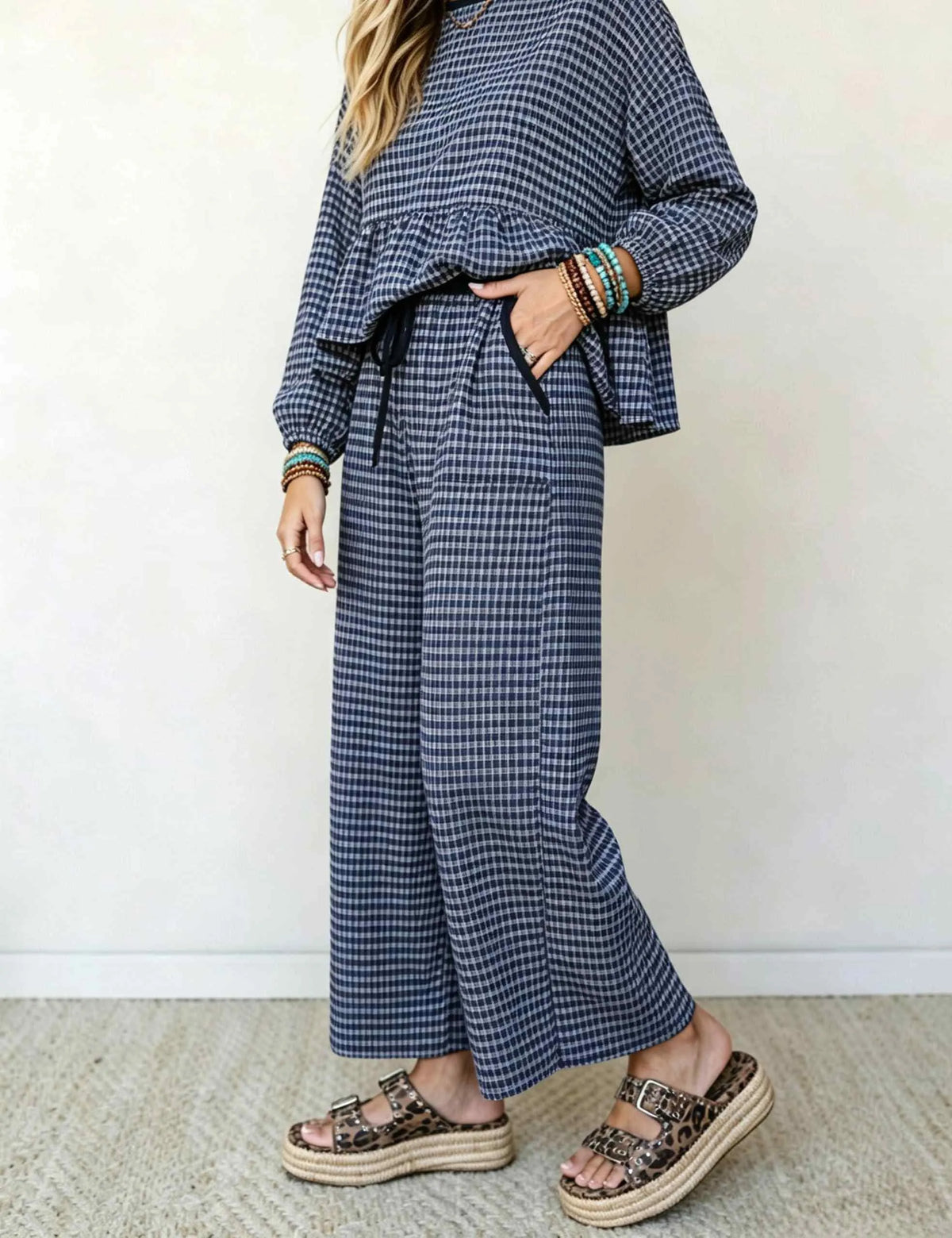 Women's Gingham Two Piece Set Peplum Top & Wide Leg Pants