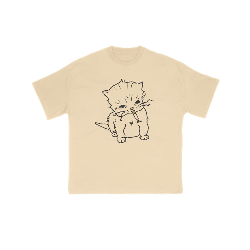 Unisex Smoking Cat Print T-shirt