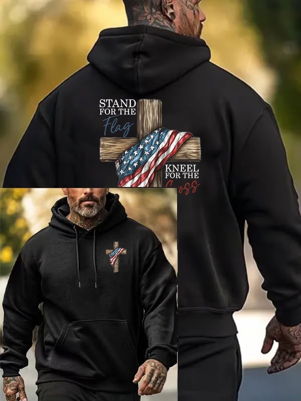 Men's Stand For The Flag Kneel For The Cross Printed Casual Hoodie