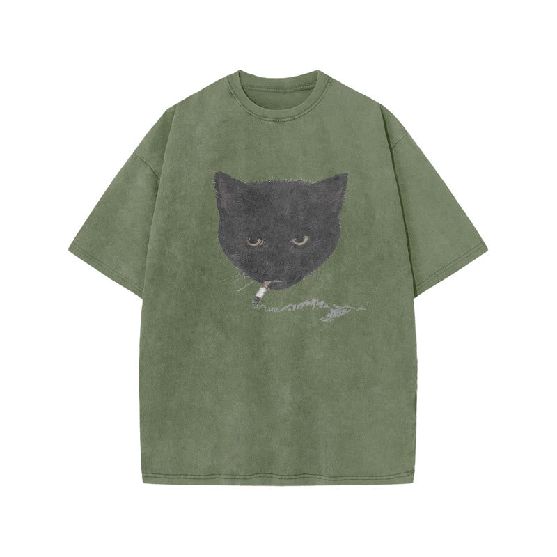 Unisex Smocking Cat Print Acid Washed T-shirt
