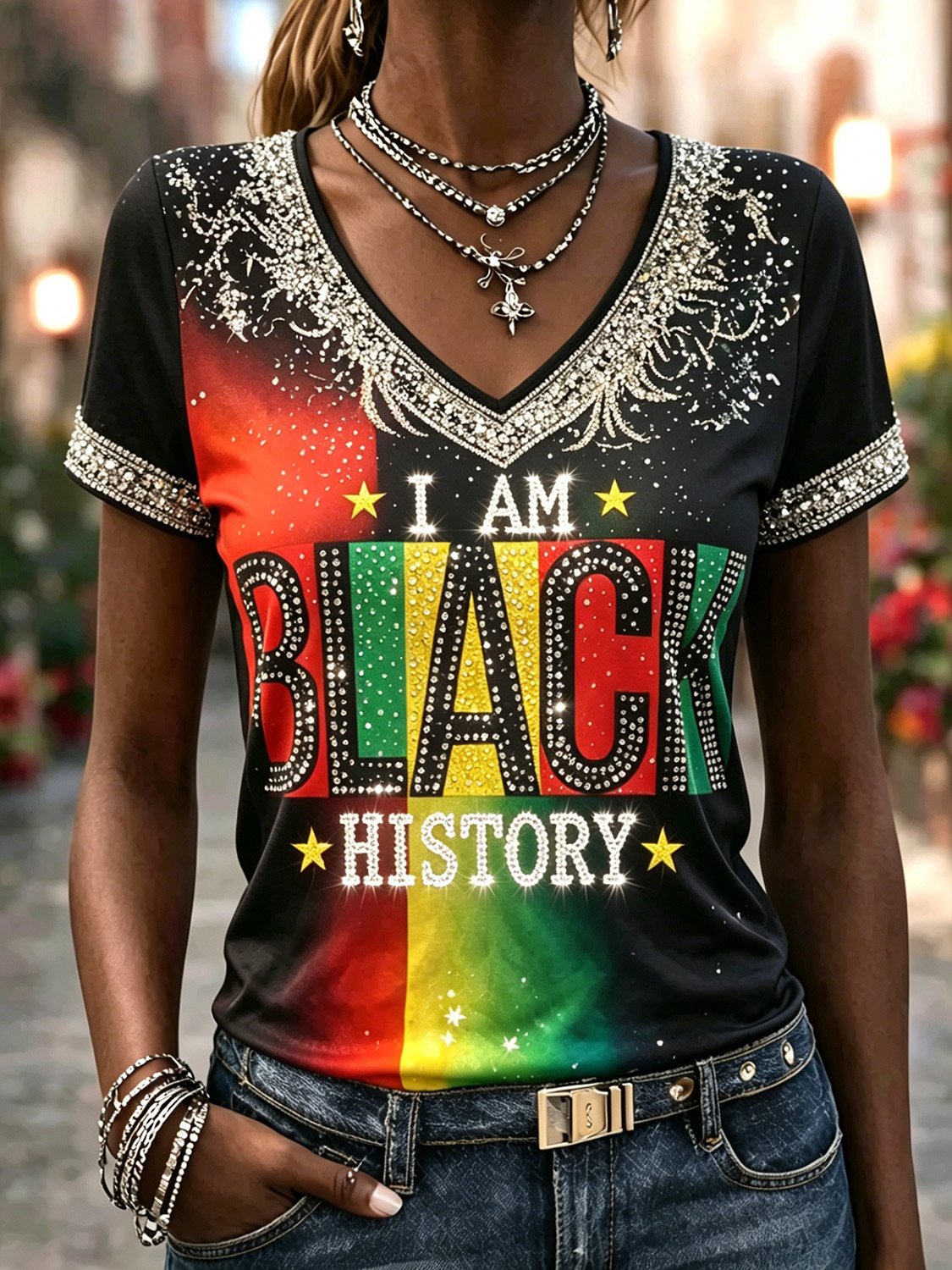 African American Women's Juneteenth Print V-Neck Top