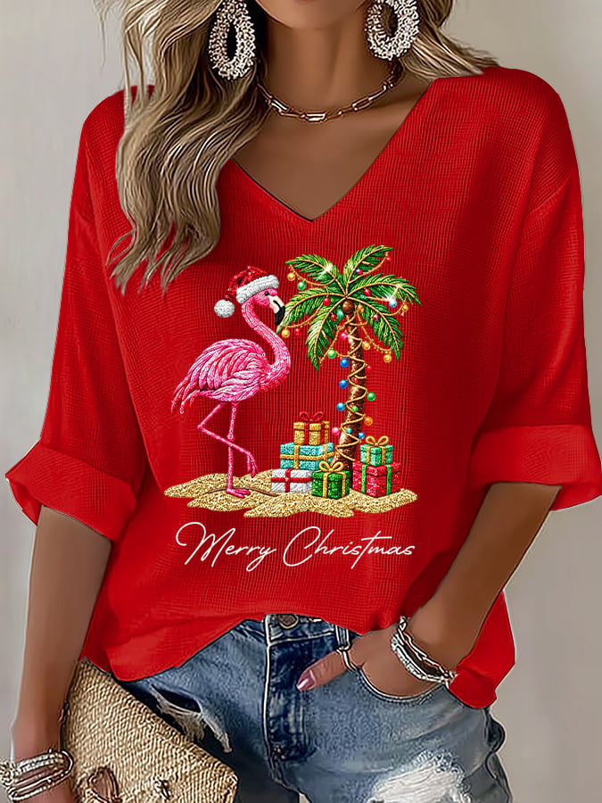 Women's Flamingo Christmas Print V Neck Top