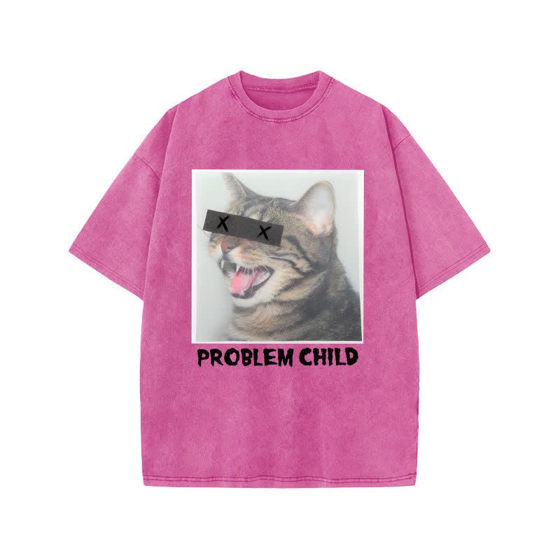 Unisex Problem Cat Art Print Acid Washed T-shirt